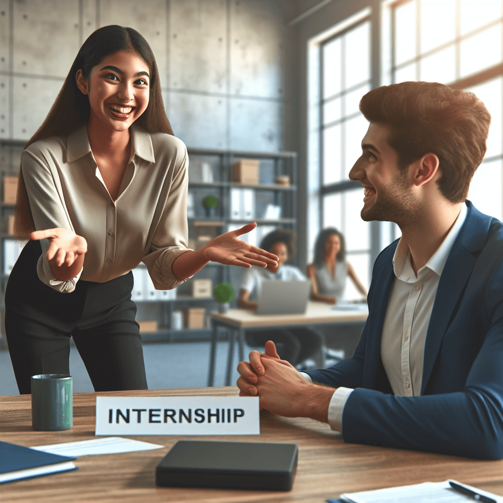 Imagem sugerida: Jovem a apresentar uma proposta de estágio a um empregador, simbolizando a proatividade na procura de oportunidades.